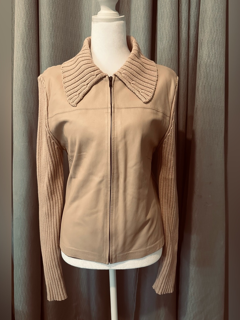MAURICE SASSOON Y2K Leather & Knit Moto Jacket Full Zip Tan / Caramel Sz MEDIUM